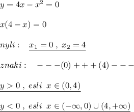 y=4x-x^2=0\\\\x(4-x)=0\\\\nyli:\; \; \; \underline {x_1=0\; ,\; x_2=4}\\\\znaki:\quad ---(0)+++(4)---\\\\\underline {y0\; ,\; esli\; \; x\in (0,4)}\\\\\underline {y