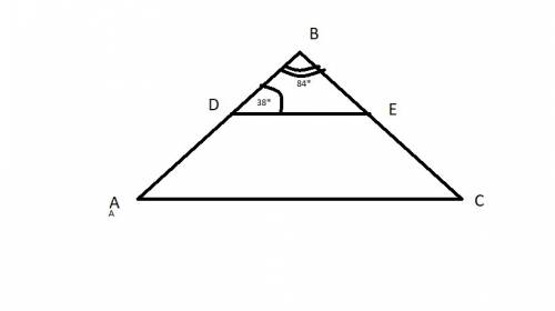 Нарисуй треугольник abc и проведи de ∥ ac . известно, что: d∈ ab,e ∈ bc, ∢cba=84°, ∢edb=38° вычисли
