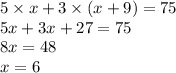 5 \times x + 3 \times (x + 9) = 75 \\ 5x + 3x + 27 = 75 \\ 8x = 48 \\ x = 6