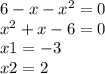 6 - x - {x}^{2} = 0 \\ {x}^{2} + x - 6 = 0 \\ x1 = - 3 \\ x2 = 2