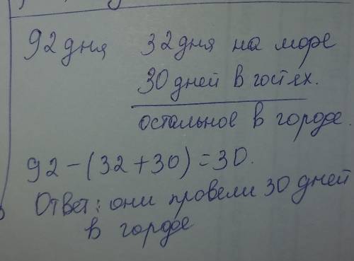 Летние каникулы продолжались 92 дня. папа карло и буратино провели 32 дня на море,30 дней в гостях у