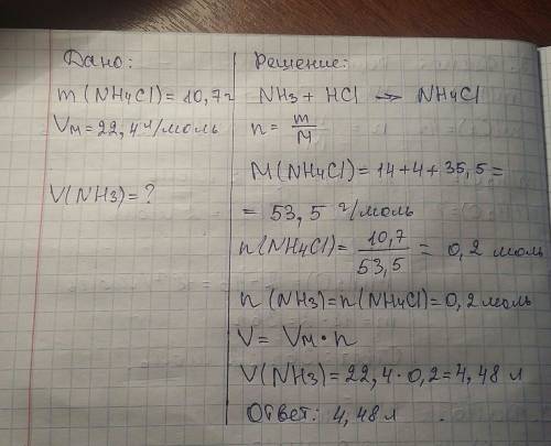 Вычислите объем аммиака, который должен прореагировать с соляной кислотой для получения10,7 г хлорид