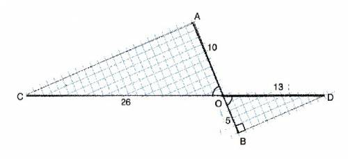 Отрезки ab и cd пересекаются в точке о так что ао равно 10 см oб равно 5 см co равно 26 см od равно
