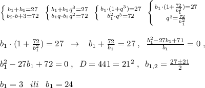 \left \{ {{b_1+b_4=27} \atop {b_2\cdot b+3=72}} \right.\; \left \{ {{b_1+b_1q^3=27} \atop {b_1q\cdot b_1q^2=72}} \right. \; \left \{ {{b_1\cdot (1+q^3)=27} \atop {b_1^2\cdot q^3=72}} \right. \; \left \{ {{b_1\cdot (1+\frac{72}{b_1^2})=27} \atop {q^3=\frac{72}{b_1^2}}} \right. \\\\\\b_1\cdot (1+\frac{72}{b_1^2})=27\; \; \to \; \; \; b_1+\frac{72}{b_1}=27\; ,\; \; \frac{b_1^2-27b_1+71}{b_1}=0\; ,\\\\b_1^2-27b_1+72=0\; ,\; \; D=441=21^2\; ,\; \; b_{1,2}=\frac{27\pm 21}{2}\\\\b_1=3\; \; \; ili\; \; \; b_1=24