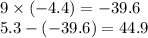 9 \times ( - 4.4) = - 39.6 \\ 5.3 - ( - 39.6) = 44.9