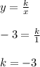 y=\frac{k}{x}\\\\-3=\frac{k}{1}\\\\k=-3