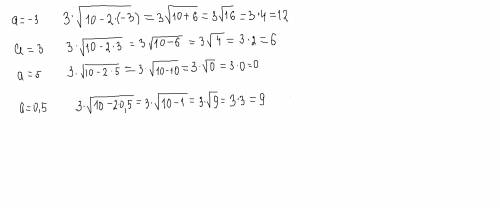 Найдите значение выражения 3√10-2a,где а=-3,а=3,a=5,a=0.5