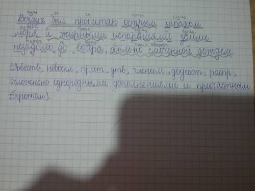 Нужно выполнить полный синтаксический разбор: воздух был пропитан острым запахом моря и жирными испа