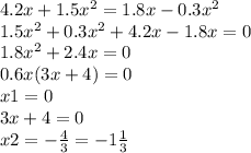 4.2x + 1.5 {x}^{2} = 1.8x - 0.3 {x}^{2} \\ 1.5 {x}^{2} + 0.3 {x}^{2} + 4.2x - 1.8x = 0 \\ 1.8 {x}^{2} + 2.4x = 0 \\0.6 x(3x + 4) = 0 \\ x1 = 0 \\ 3x + 4 = 0 \\ x2 = - \frac{4}{3} = - 1 \frac{1}{3}
