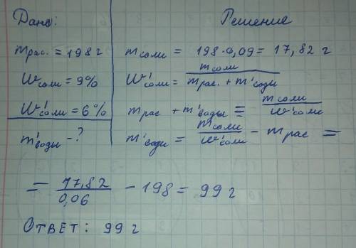 Сколько воды нудно добавить к 198 г 9% раствора соли, чтобы концентрация соли уменьшилась до 6%