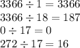 3366 \div 1 = 3366 \\ 3366 \div 18 = 187 \\ 0 \div 17 = 0 \\ 272 \div 17 = 16