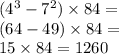 ({4}^{3} - {7}^{2} ) \times 84 = \\ (64 - 49) \times 84 = \\ 15 \times 84 = 1260