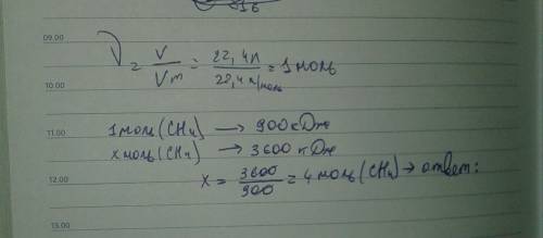 При сгорании 22,4 л(н.у) ch4 выделяется 900 кдж теплоты.сколько моль ch4 необходимо сжечь для получе
