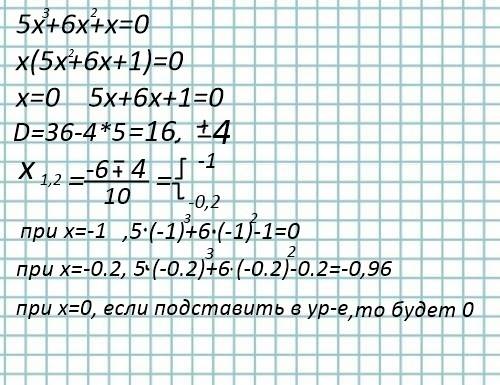 Найдите наибольший корень уравнения 5x³+6x²+x=0. должно получиться 0.