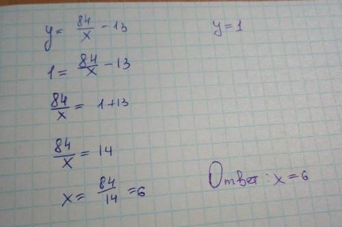 Дана функция: y= 84/x−13. чему должен быть равен аргумент x, если значение функции y равно 1? x=