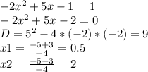 -2x^{2}+5x-1=1\\ -2x^{2} +5x-2=0\\D=5^{2}-4*(-2)*(-2)=9\\ x1 = \frac{-5+3}{-4}=0.5\\ x2 = \frac{-5-3}{-4}=2\\ \\