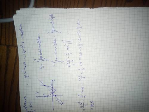 Вычислить площадь фигуры, ограниченной линиями y=x2 – 4x + 3 и y = x –1. построить график.