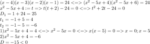 (x-4)(x-3)(x-2)(x-1)=24(x^2-5x+4)(x^2-5x+6)=24\\x^2-5x+4:=t=t(t+2)-24=0t^2+2t-24=0\\D_1=1+24=25\\t_1=-1+5=4\\t_2=-1-5=-6\\1)x^2-5x+4=4x^2-5x=0x(x-5)=0=x=0;x=5\\2)x^2-5x+4=-6\\D=-15