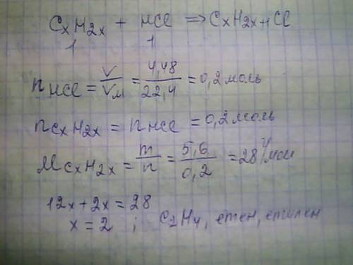 С: алкен масою 5,6 г приєднав 4,48 л хлороводню(н. знайдіть молекулулярну формулу сполуки (с2н4)