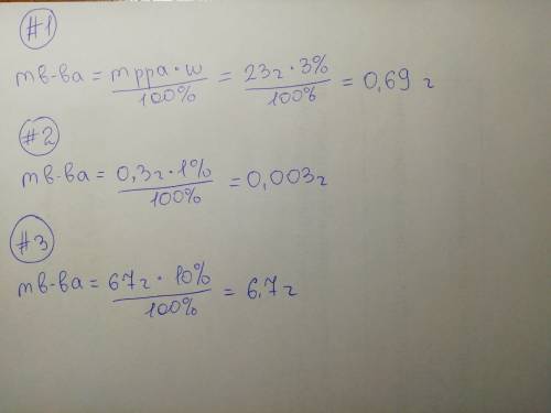 Вычислите массу (г) растворенного вещества для каждого раствора: 1)23 г 3%-ного раствора 2)0.3 г 1%-