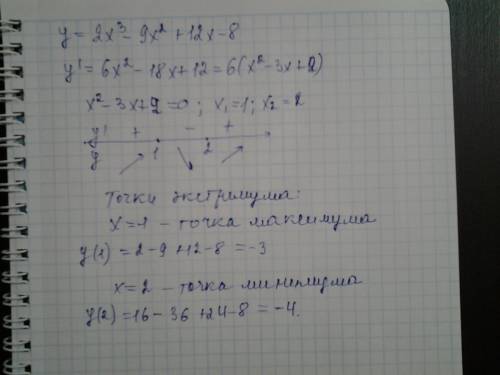 Найти точки экстреннума через производную f(x) =2x^3-3x^2-12x+8построить график функиции с решением