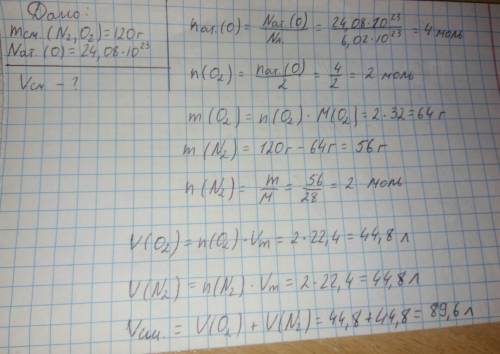 Определите объем (л, н.у.) 120 г смеси азота и кислорода, содержащей 24,08x10^23 атома