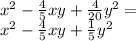 {x}^{2} - \frac{4}{5} xy + \frac{4}{20} {y}^{2} = \\ {x}^{2} - \frac{4}{5} xy + \frac{1}{5} {y}^{2}