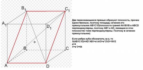 Площадь сечения,проходящего через ребро основания и точку пересечения диагоналей куба,равна 16 корен