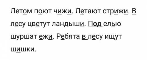 Втексте летом поют чижи.летают стрижи .в лесу цветут ландыши.под елью шуршат ежи. в лесу ищут шишки