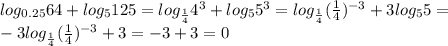 log_{0.25}64 + log_{5}125=log_{\frac{1}{4}}4^3 + log_{5}5^3=log_{\frac{1}{4}}(\frac{1}{4})^{-3} + 3log_{5}5=\\-3log_{\frac{1}{4}}(\frac{1}{4})^{-3} + 3=-3+3=0