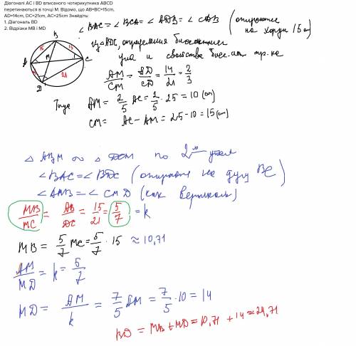 Діагоналі ac і bd вписаного чотирикутника abcd перетинаються в точці m. відомо, що ab=bc=15cm, ad=14