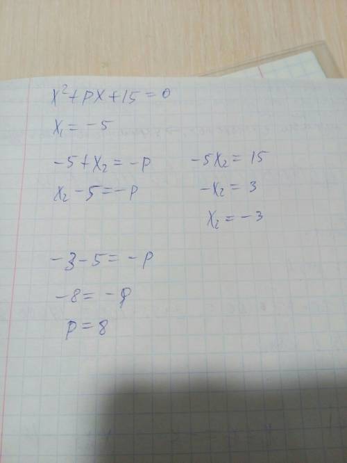 Вуравнении x² +px+ 15= 0 один из корней равен -5 найдите второй корень и коэффициент p
