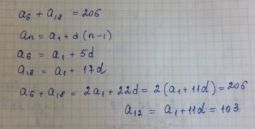 Найдите двенадцатый член арифметической прогрессии (аn), если а6+а18=206