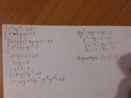 Розвязати систему рівнянь x³+y³=28. x²-xy+y²=7