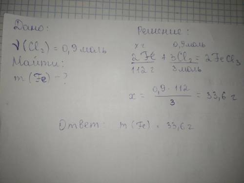 По уравнению реакции 2 fe + 3 cl2 = 2 fecl3 определите а) массу железа, необходимую для взаимодейств