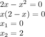 2x-x^2=0\\x(2-x)=0\\x_1=0\\x_2=2