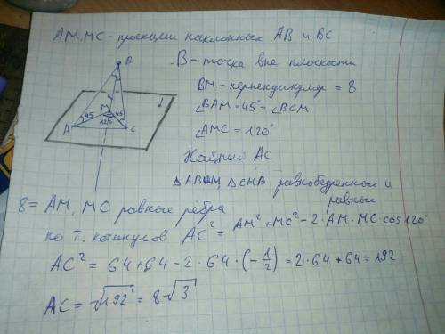Сточки удаленной от плоскости на 8 дм, проведены две наклонные под углами 45 градусов к плоскости. н