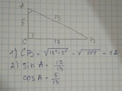 Найдите синус и косинус угла а прямоугольного треугольника авс,если угол с равен 90°,ас=5см,ав=13см.