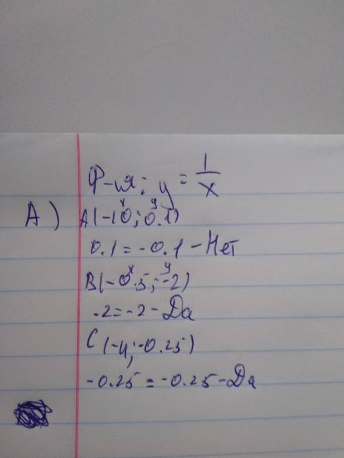 Дана функция y=1/x а) принадлежат ли точки a(-10; 0.1) , b(-0.5; -2) , c(-4; -0.25) графику этой фун