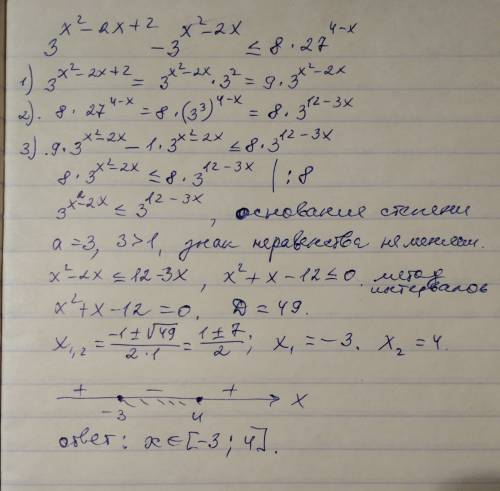 Неравенство 3^(x^2-2x+2)-3^(x^2-2x)меньше либо равно 8*27(4-x)