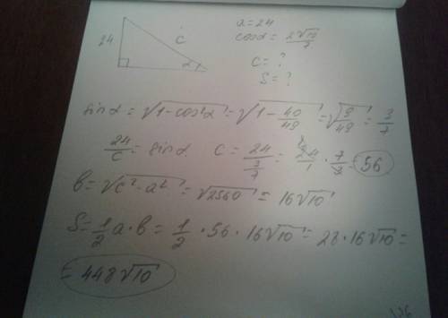 Впрямоугольном треугольнике один из катетов равен 24, а косинус угла, противолежащего данному катету