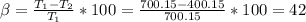 \beta =\frac{T_{1}-T_{2} }{T_{1} } *100=\frac{700.15-400.15}{700.15} *100= 42