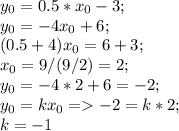 y_0=0.5*x_0-3;\\y_0=-4x_0+6;\\(0.5+4)x_0=6+3;\\x_0=9/(9/2)=2;\\y_0=-4*2+6=-2;\\y_0=kx_0=-2=k*2;\\k=-1