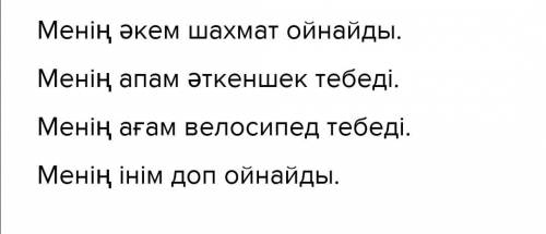 Тапсырма. суреттердің орнына қажетті сөздерді ой. танырап жаз.ыдыменіңшахмат ойнойды.меніңәткеншек т