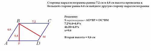 Стороны параллелограмма равны 7.2 см и 4.8 см высота проведена к большей стороне равна 6.4 см найдит