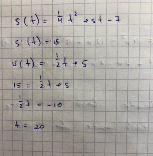 Тело движется по закону : s(t) = 1/4t^2+5t-7 . определите, в какой момент времени скорость тела буде