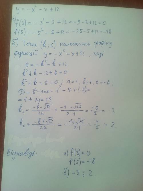 Дана функция y= -x ^2-x + 12. a) найдите значения функции f(3)? f(-5) известно, что график функции п