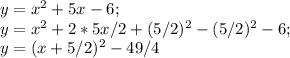 y=x^2+5x-6;\\y=x^2+2*5x/2+(5/2)^2-(5/2)^2-6;\\y=(x+5/2)^2-49/4