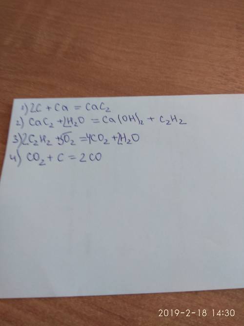 Осуществите цепочку превращений: с→cacl2→c2h2→co2→co