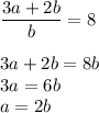 \dfrac{3a+2b}{b}=8\\\\3a+2b=8b\\3a=6b\\a=2b